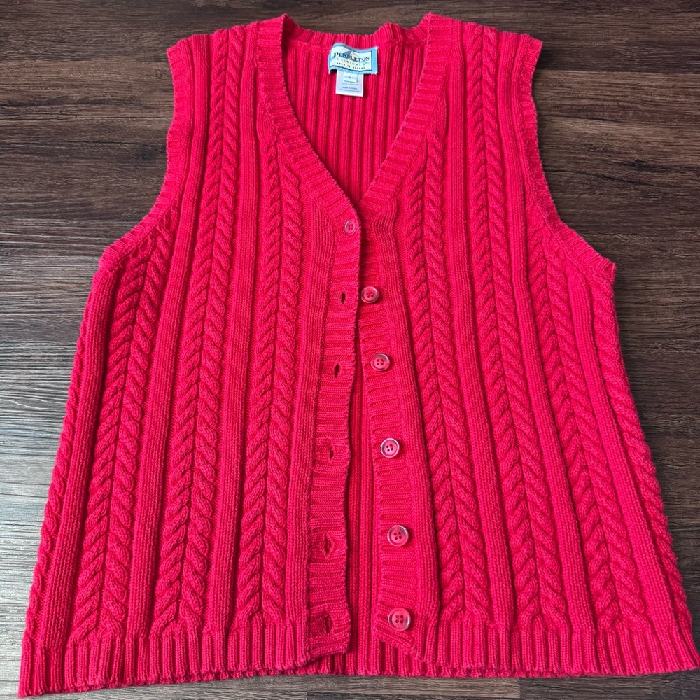 Vintage Womans Red Pendleton Cotton Cable Knit Sweater Vest Size Small